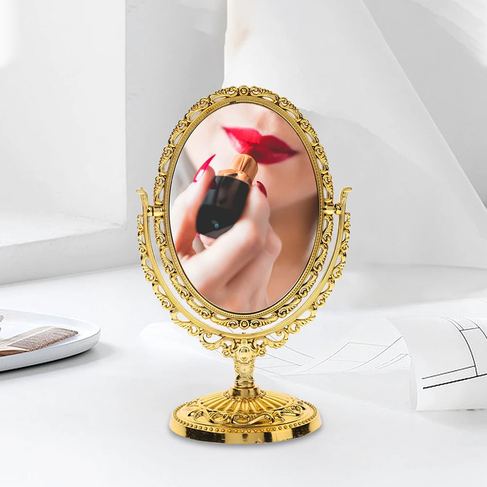 

2Pcs Double Side Tabletop Swivel Makeup Mirror Vintage Oval European Style Desktop Vanity Mirror for Detailed Makeup
