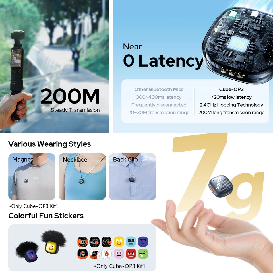 Godox Cube-OP3 2.4 جيجا هرتز نظام ميكروفون لاسلكي 200 متر نقل الكمون المنخفض 10H عمر البطارية لـ DJI OSMO Pocket 3