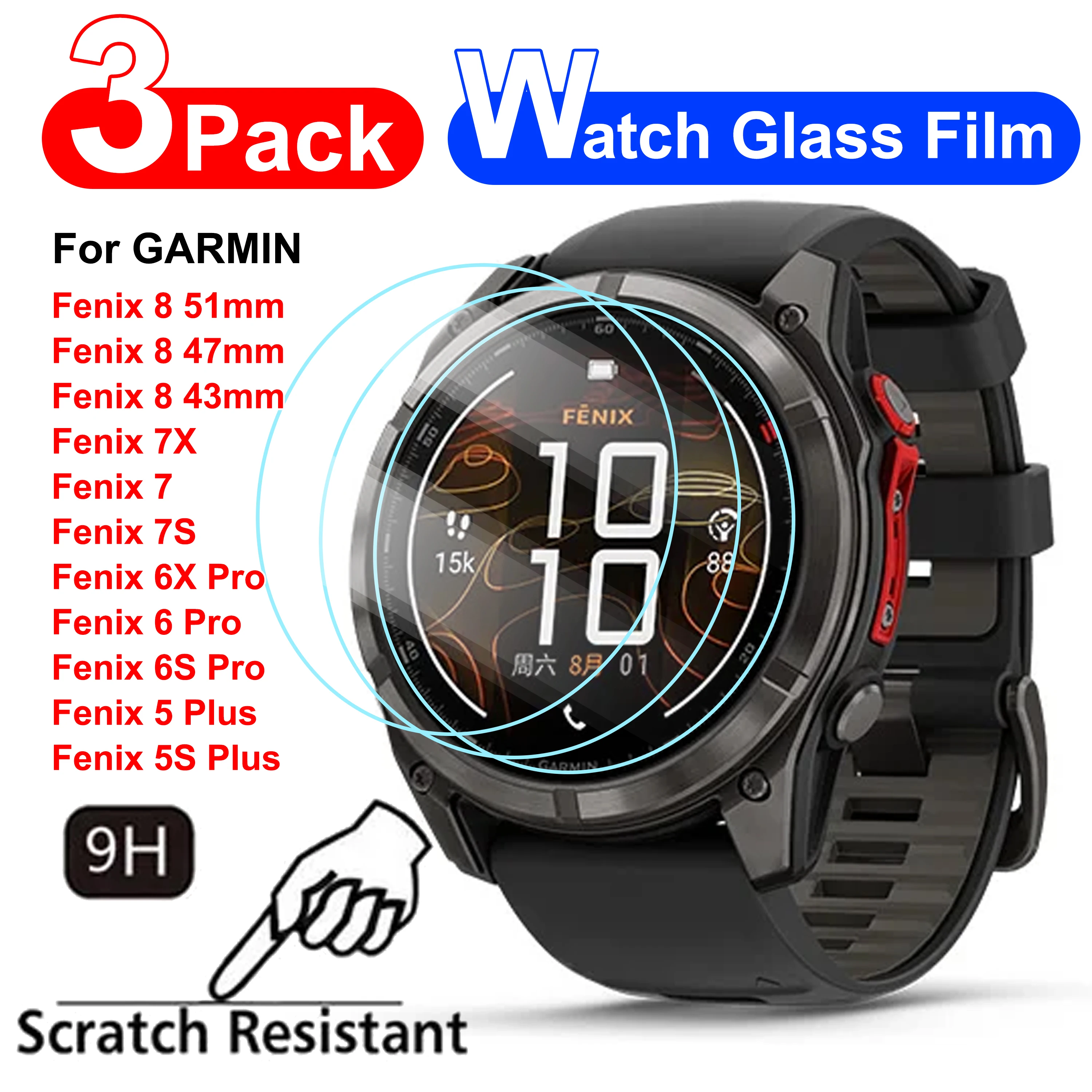 3Pcs 9H Tempered Glass For Garmin Fenix 8 7X 6X Pro 7 6 7S 6