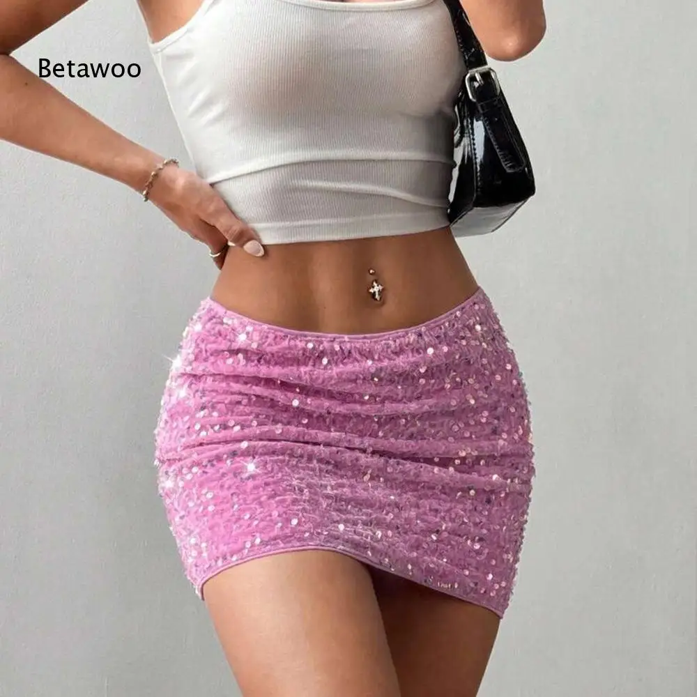 Vibrant Pink All Over Iridescent Sequin Mini Skirt High Rise Stretchy Waist Bodycon Party Casual Short Bottom