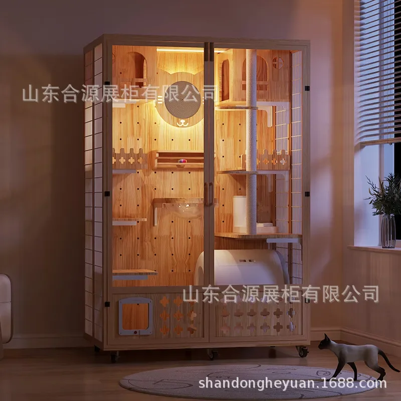 Large Wooden Cat House Indoor Multi Storey Luxury Cat Villa Panoramic Pet Cage Nest Furniture