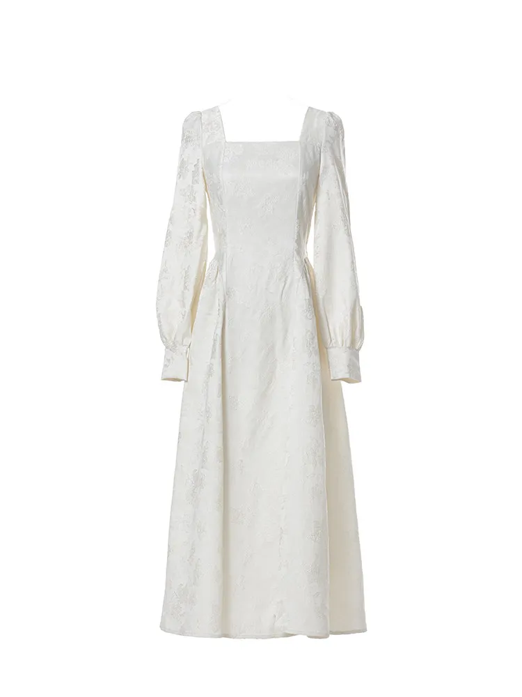 Tiyihailey primavera outono feminino jacquard vestido de manga cheia longo meados de bezerro senhoras S-L vintage cintura alta 2026 gola quadrada branco