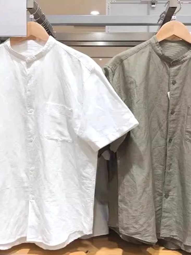 

European Sle Cotton Linen ort Sve irt Men's ket Design Stand Collar Workwear irt Breathable Linen Summer Faion