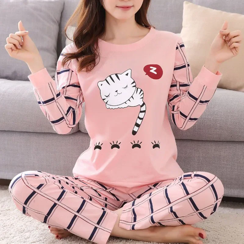 Women Pajamas Sets Spring Autumn Long Sleeve T-shirt+Pants 2Pcs Suit Ladies Cute Cartoon Sleepwear Female Casual Home Clothes