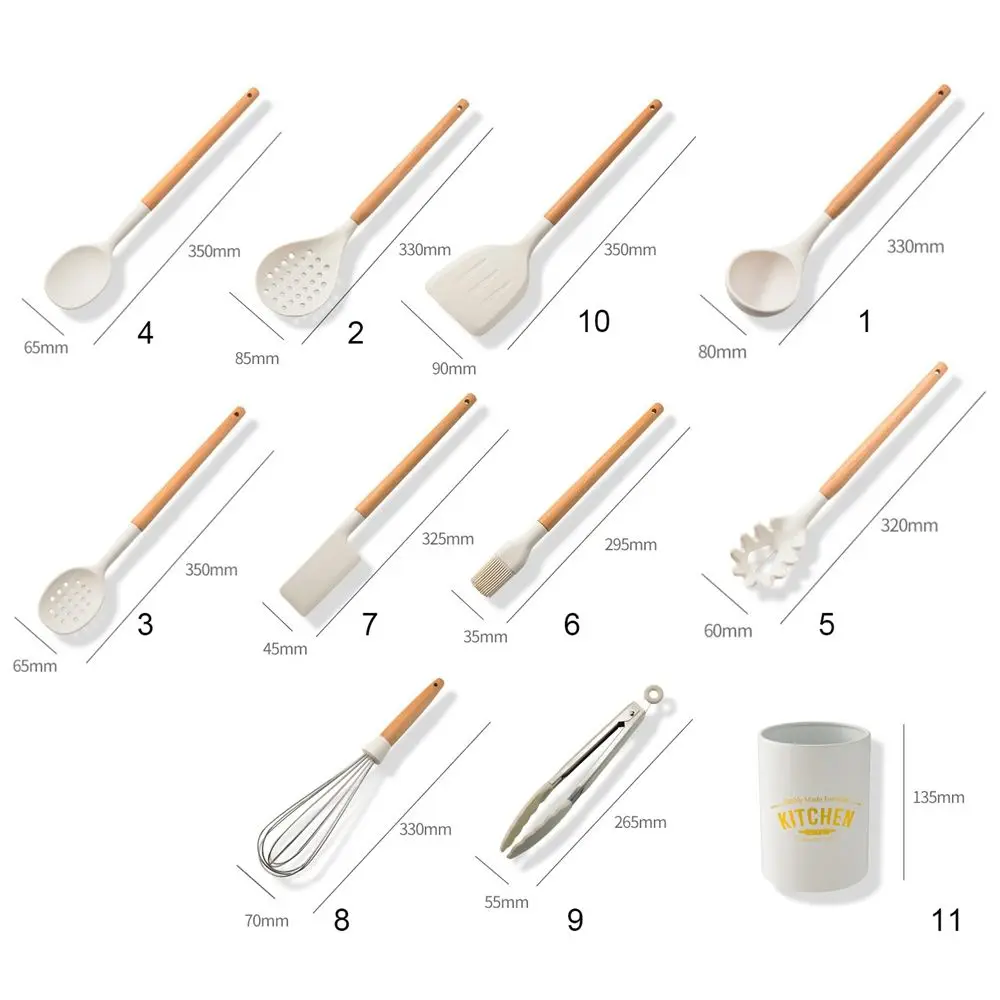 White Cooking Kitchenware Tool Silicone Utensils With Wooden Multifunction Handle Non-Stick Spatula Ladle Egg Beaters Shovel