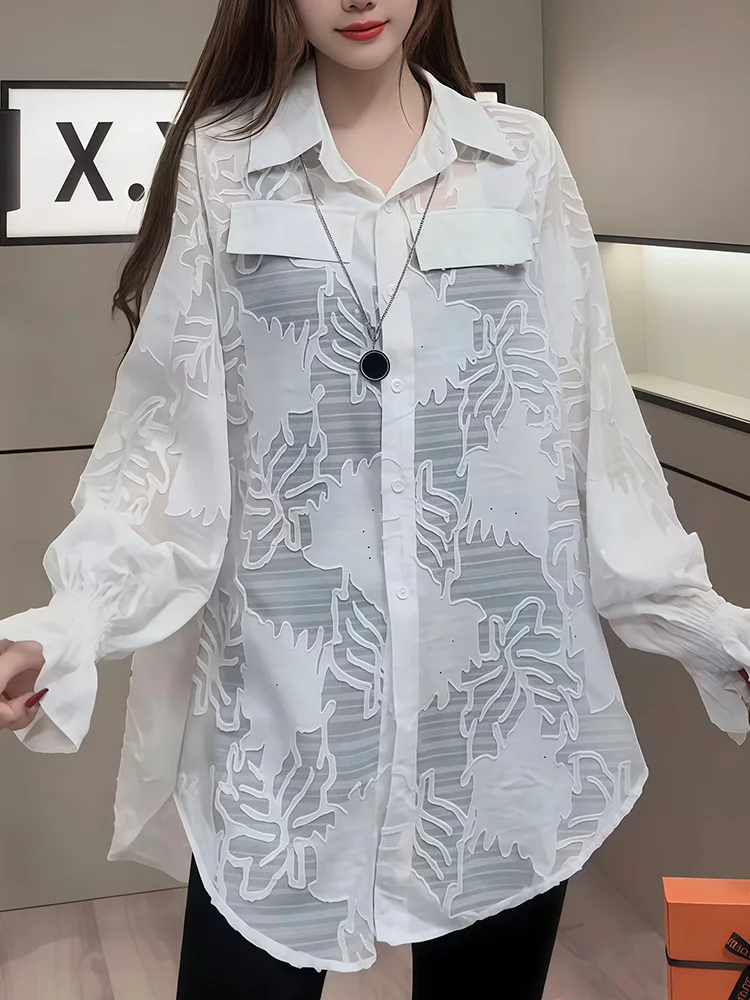 

Elegant White Loose Long Shirt 2026 Spring Summer New Style Korean Version Polyester Fabric Button Design Collar Casual ...