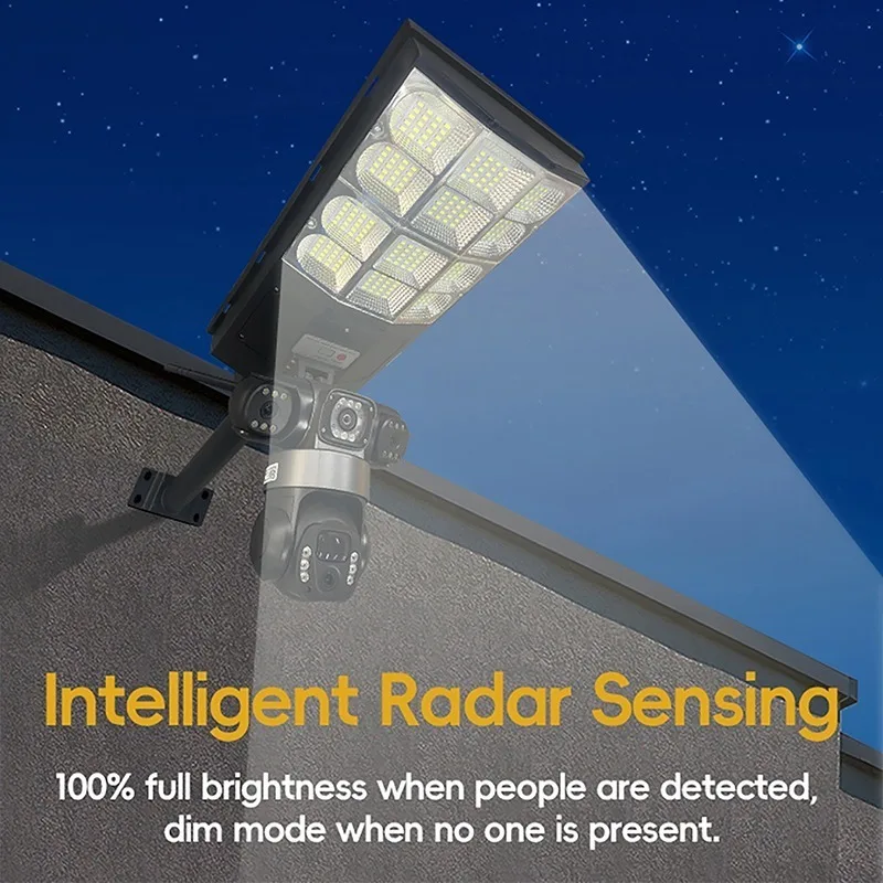 Outdoor Solar Streetlight Surveillance Camera 4G Wifi 3-Lens 15MP Remote Control Security Cameras Night Vision Motion Sensor