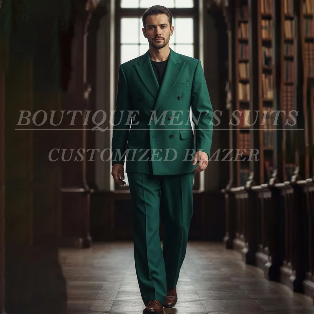 

Men's Suits for Wedding Green Double Breasted Peak Lapel Skinny Outfits Bespoke 2 Piece Jacket Pants Full Sets Costume Homme