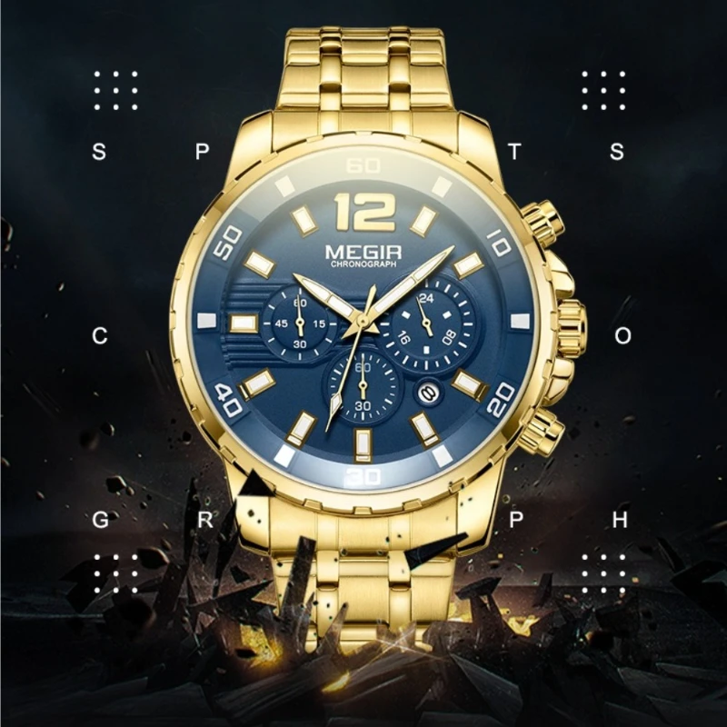 

MEGIR 2068 Роскошные кварцевые мужские часы со стальным ремнем, многофункциональные водонепроницаемые часы с хронографом и светящимся календарем для мужчин Часы