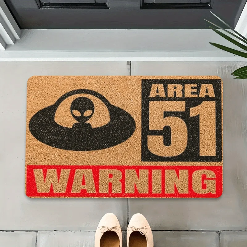 Area 51 Warning UFO Entrance Mat, Non-Slip Washable Floor Rug, Sci-Fi Style Home Decor