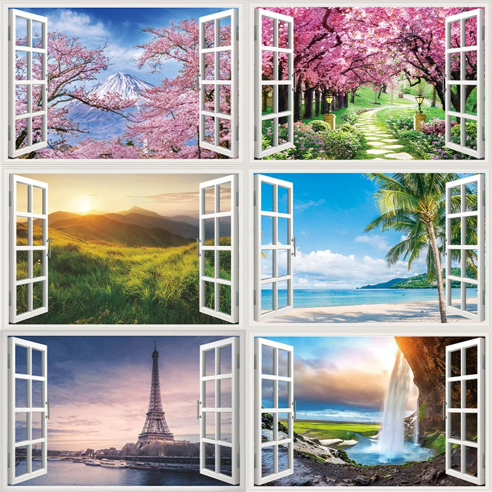 3D Natural Scenery Fake Window Stickers Sakura Tree Beach Building Wall Art Mural Decals Home Office Decoration Vinyl Wallpaper