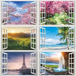 3D Natural Scenery Fake Window Stickers Sakura Tree Beach Building Wall Art Mural Decals Home Office Decoration Vinyl Wallpaper