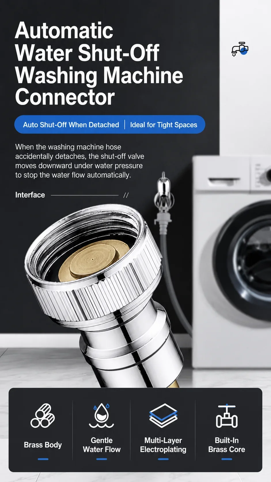 G1/2 Washing Machine Faucet Adapter Auto Shut Off Leak Proof Quick Connector Anti Drop Valve