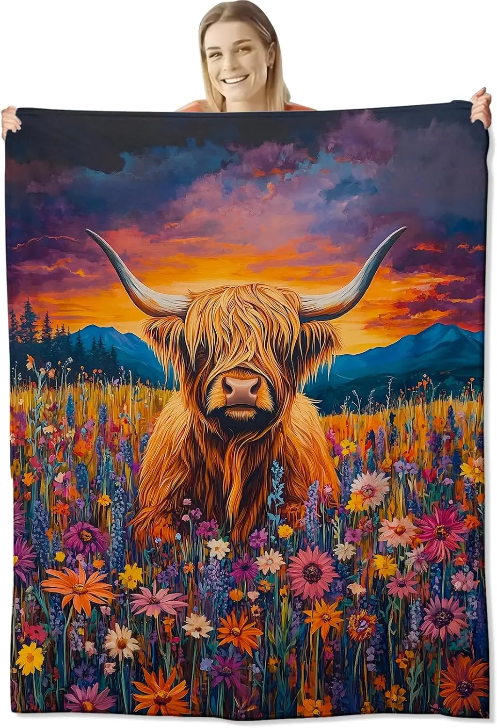 

Фланелевое одеяло Highland Cow 60x50 дюймов, милое животное в полевых цветов на закате, яркие одеяла в стиле природы для