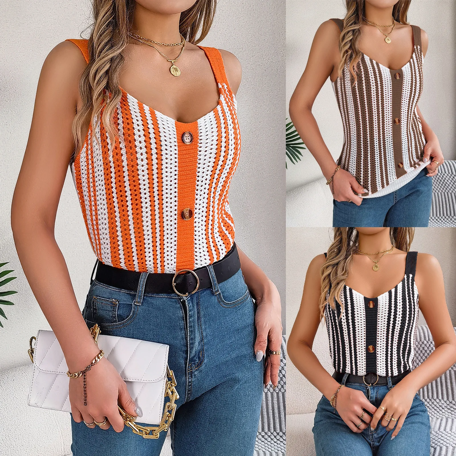 

Tanks Striped Women Knitted Pullover Tops Hollow Sleeveless Tees Sexy Backless Loose Camis Slight Strech Buttons Y2k Streetwear