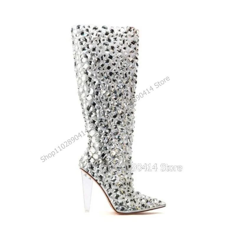 Crystal Decor stivali a punta trasparenti con cerniera laterale scarpe da donna tacco trasparente New Fashion Party Runway 2023 Zapatos Para Mujere