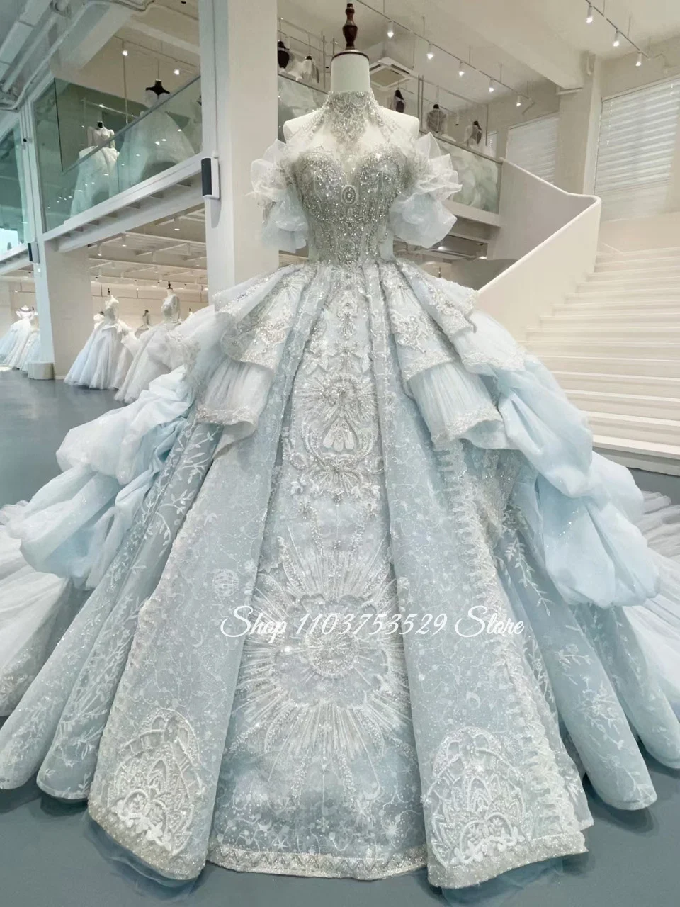 Customized Gorgeous Sky Blue Dream Princess Wedding Dress Luxurious Crystal Appliqué Beaded Bridal Gown Quinceañera Dress 2026