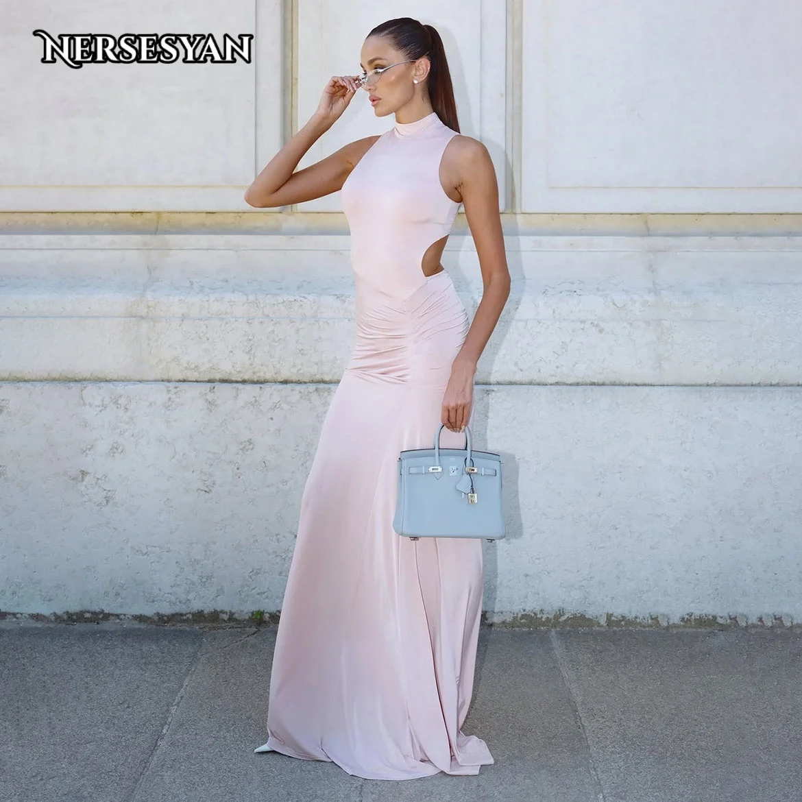 Nersesyan Blush Pink Luxury Mermaid Evening Dresses High Neck Satin Maxi Formal Dress Bodycon Women Party Gowns 2026 Customized