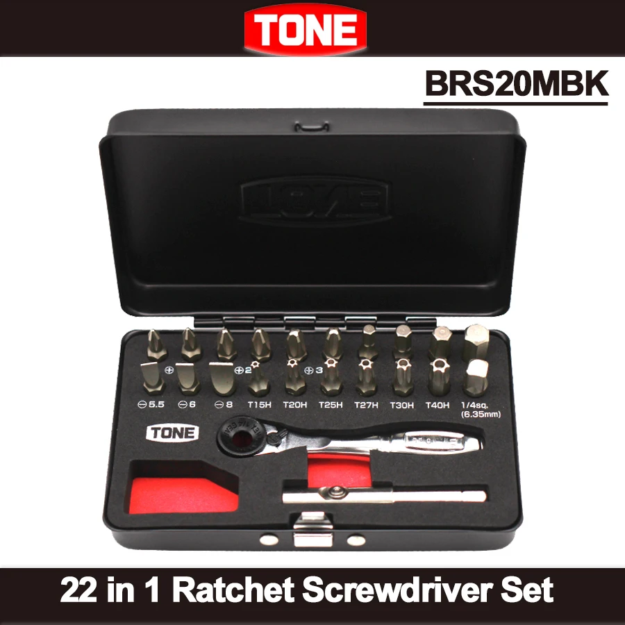 

TONE 22 PCS Bit Ratchet Set 1/4'' (6.35 mm) Bit Insertion with Iron Box Multifunctional Screwdriver Set BRS20MBK