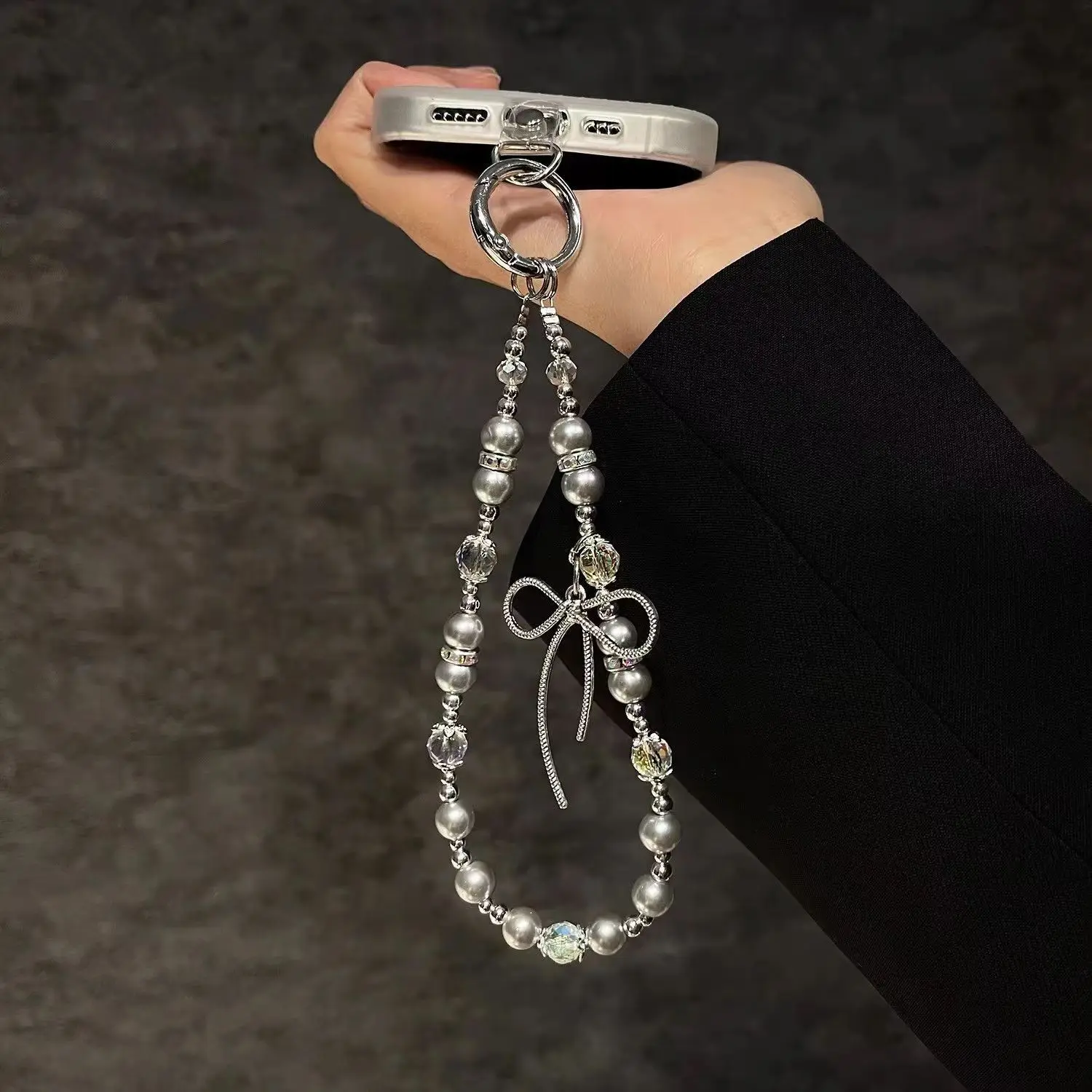Light luxury pearl bow phone chain crystal string beads phone case hanging rope keychain bag anti loss pendant new