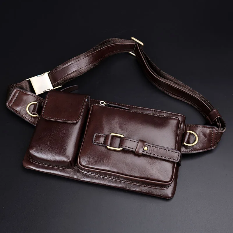 Men's Leather Waist Bag Multi-functional Oil Wax Cowhide Chest Bag with Phone Pocket