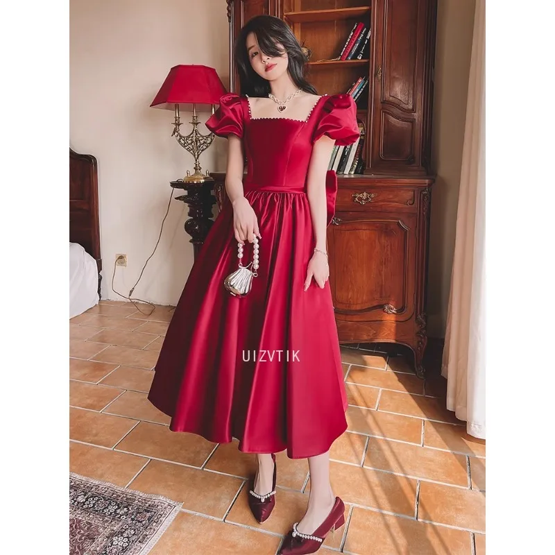 2025 Vrouwen Zomer Elegant Off Schouder Rode Feestjurk Vrouwelijke Vintage Bladerdeeg Mouw Hoge Taille Trouwjurk Dame Lange Jurk Boog