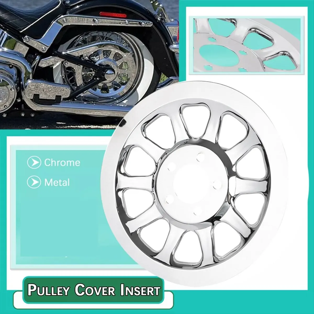 Super Sale Outer Pulley Cover 66 Tooth Chrome Rear Pulley Insert for Harley Softail Fat Boy Lo FLSTN FXSTC FXST/ FLT/FLST 2007-2