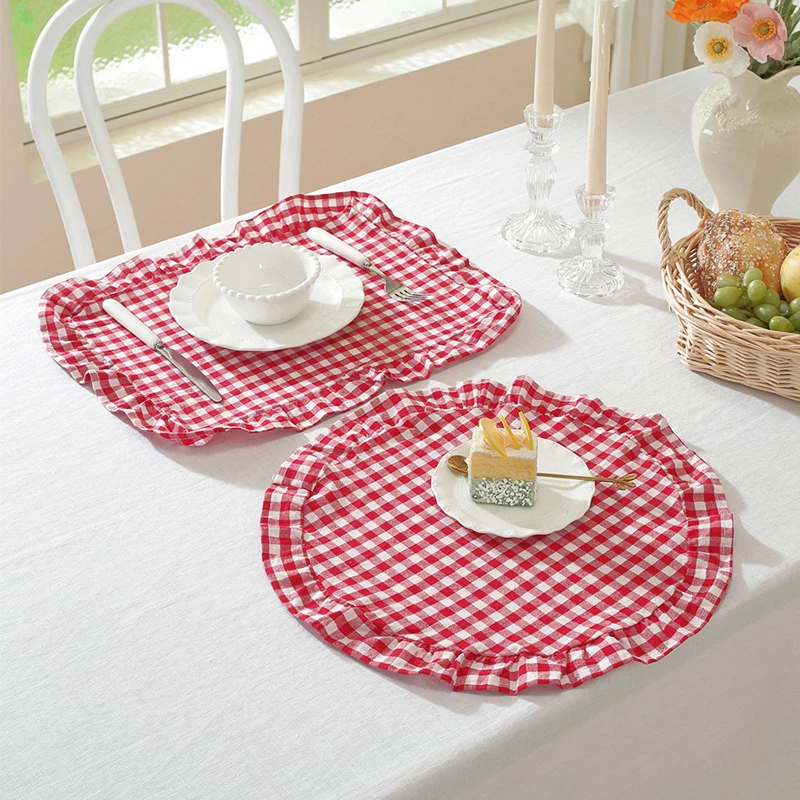French Style Retro Soft Ruffle Placemat Cotton Table Cup Mat Fresh Plaid Fabric Coaster Table Decor Round/Rectangular Photo Prop