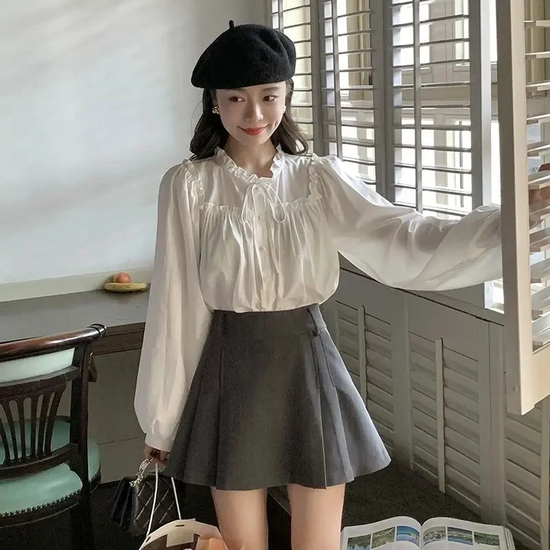 Elegant Bow Bandage Shirts Women Sweet Korean White Basic Long Sleeve Blouses Ladies Fashion Streetwear Loose All Match Tops New