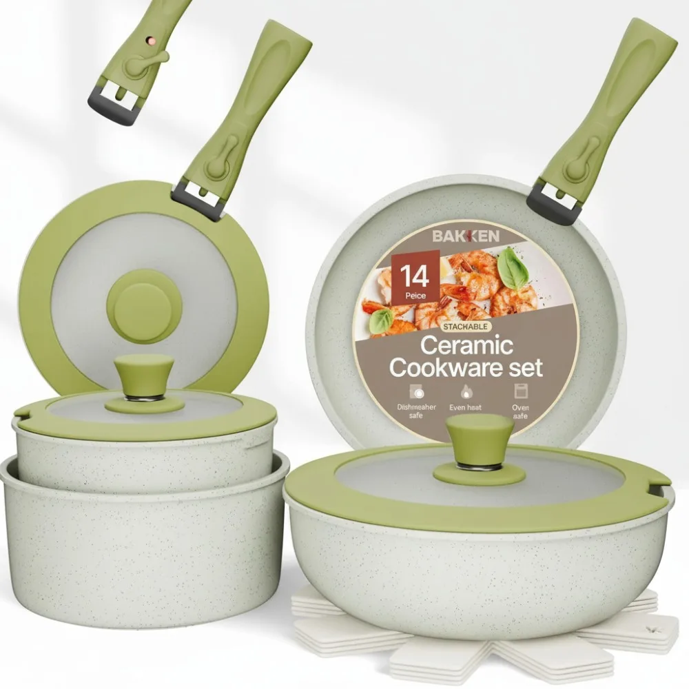 

15-Piece Non-Stick Ceramic Cookware Set with Detachable Handles, Stackable Space-Saving for Small Kitchens