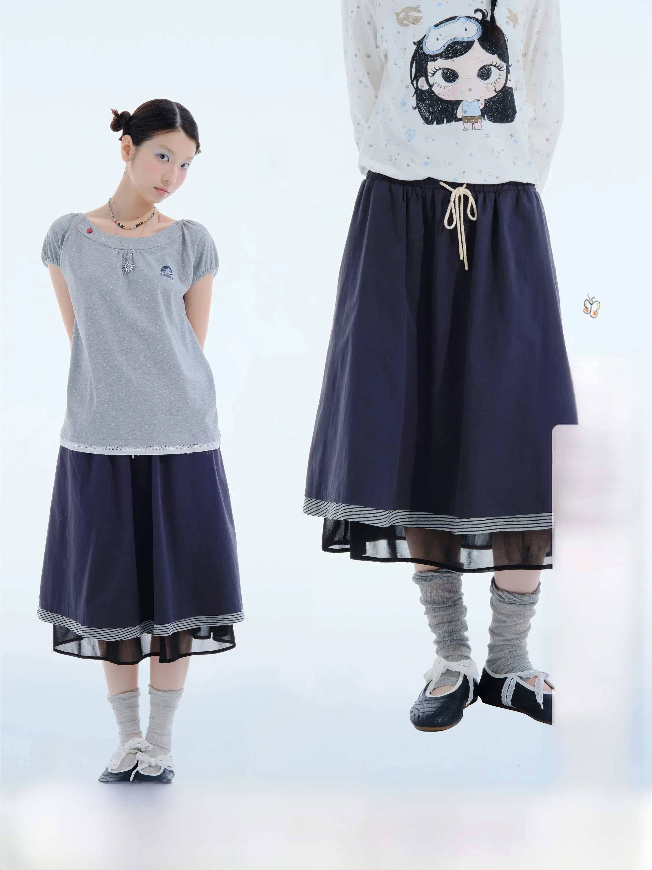Middle-Length A-Line  Skirt Pure Cotton Patchwork Fake Two-Piece Design Youthful Student-Friendly Belted Loose Fit