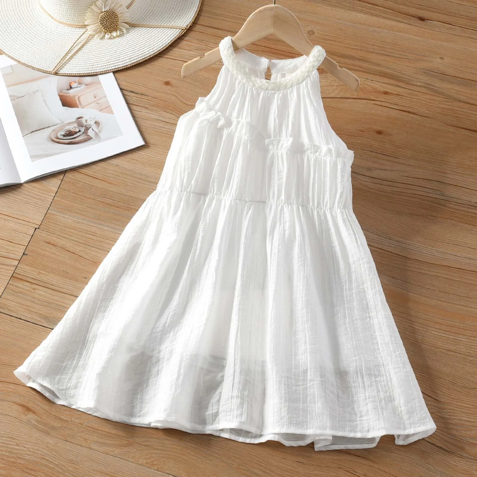 

2025 Summer Cute Round Neck Princess Dress White Solid Color Simple Sleeveless Girls Clothes 3-7 Years Old Children's Clothing