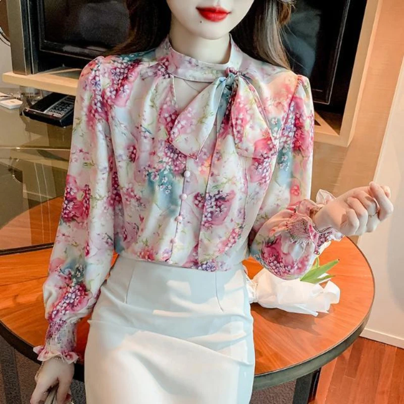 Printed Top New Stand Collar Long Sleeved Shirt Chiffon Shirt Women Lantern Sleeve Top Women