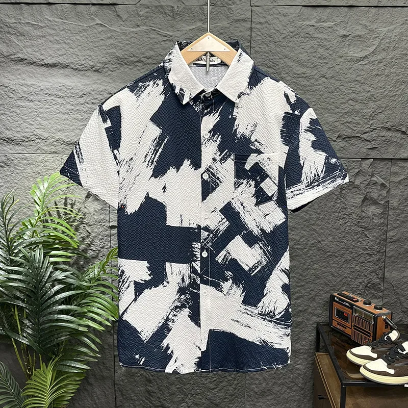 

Haibinzoulu Men's and Women's Loose Fit Casual Floral Shirts, Stylish Japanese Bubble Grid Blouse, Creative Short Sleeve Tops