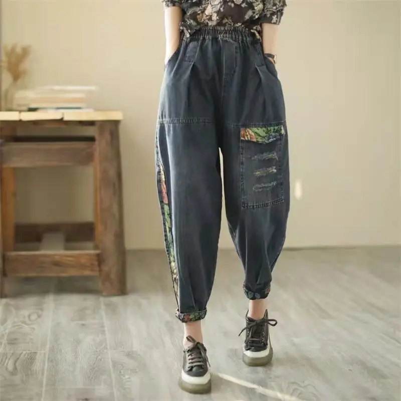 

Джинсы в стиле ретро в этническом стиле, женские укороченные брюки больших размеров, весна/лето, лоскутные свободные и универсальные рваные брюки-шаровары M228