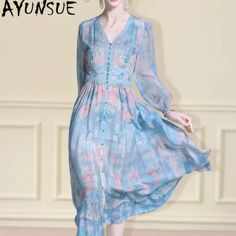 AYUNSUE 100% Real Mulberry Silk Dress Fashion Floral Dresses Elegant Dresses for Women Summer Clothes Slim Fit Платье Женское
