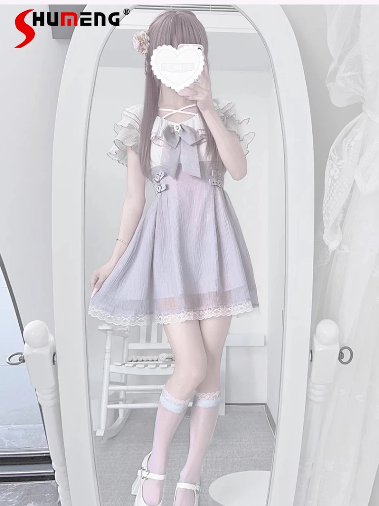 

Japanese Mine Style Subculture V-neck Ruffles Sleeves Heart Buckle High Waist A-line Slim Lace Splicing Sweet Short Dress Women