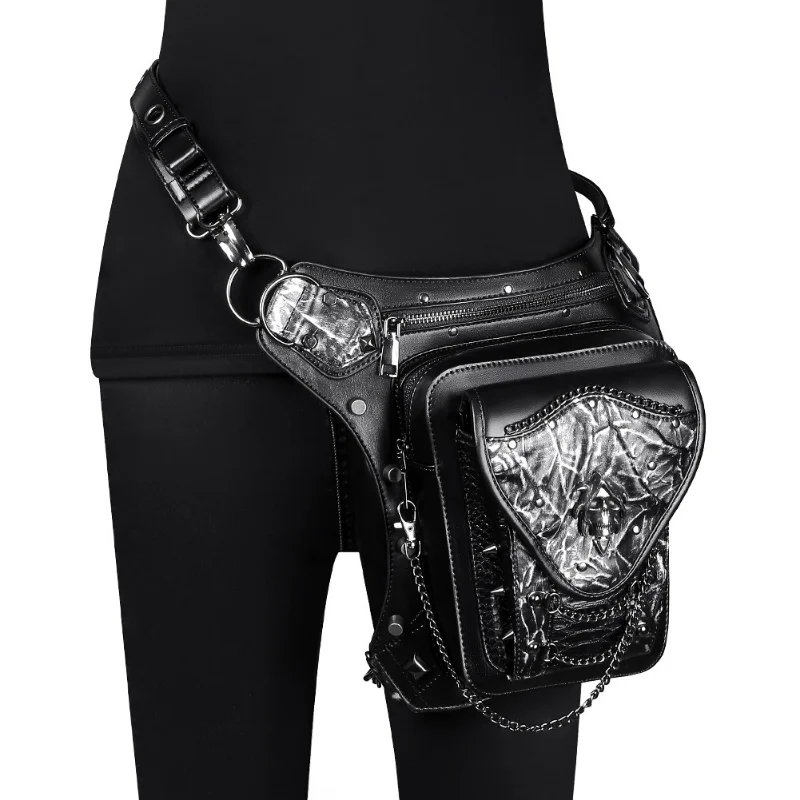 

Chikage Steampunk Skull Chain Motorcycle Bag Women's One Shoulder Crossbody Bag Personality Unisex Mobile Phone Fanny Pack