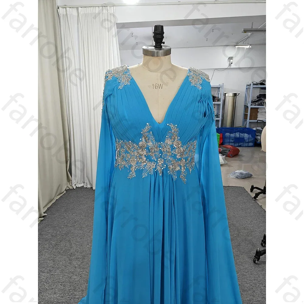 Personalizado elegante azul mãe vestidos de noiva capa com decote em v vestido de convidado de casamento frisado appliqued cintura até o chão vestidos de noite