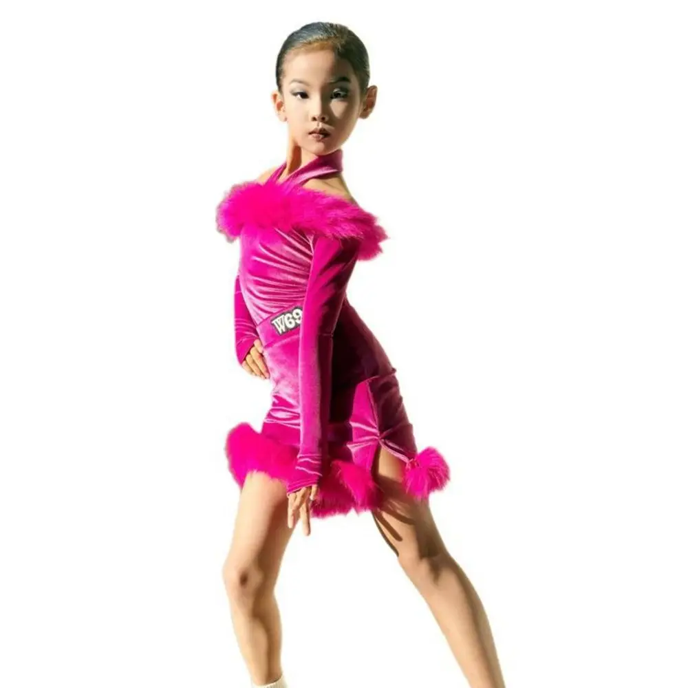Robe de danse latine en velours pour enfants, Rose rouge, tenues de spectacle de danse professionnelle, Cha Cha Rumba, Costume de danse de salle de bal, Costumes de spectacle