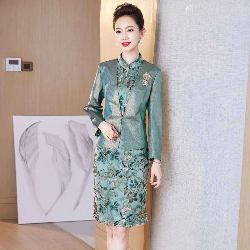 Chinese Mother of The Bride Dress Two Pieces Wedding Accasion Cheongsam Traditional Long Sleeve Qipao Evening Gowns with Jacket