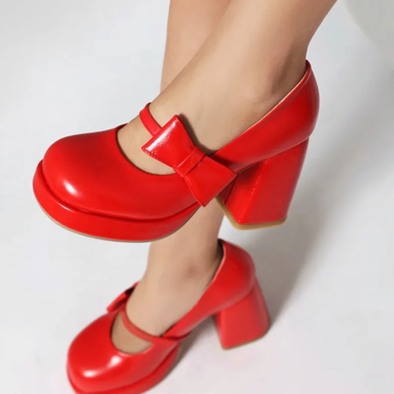 

2025 Fashion Female Pumps Round Toe Block Heels 9cm Platform 2cm Bowknot Plus Size 45 46 47 48 Sweet Mary Janes Shoes