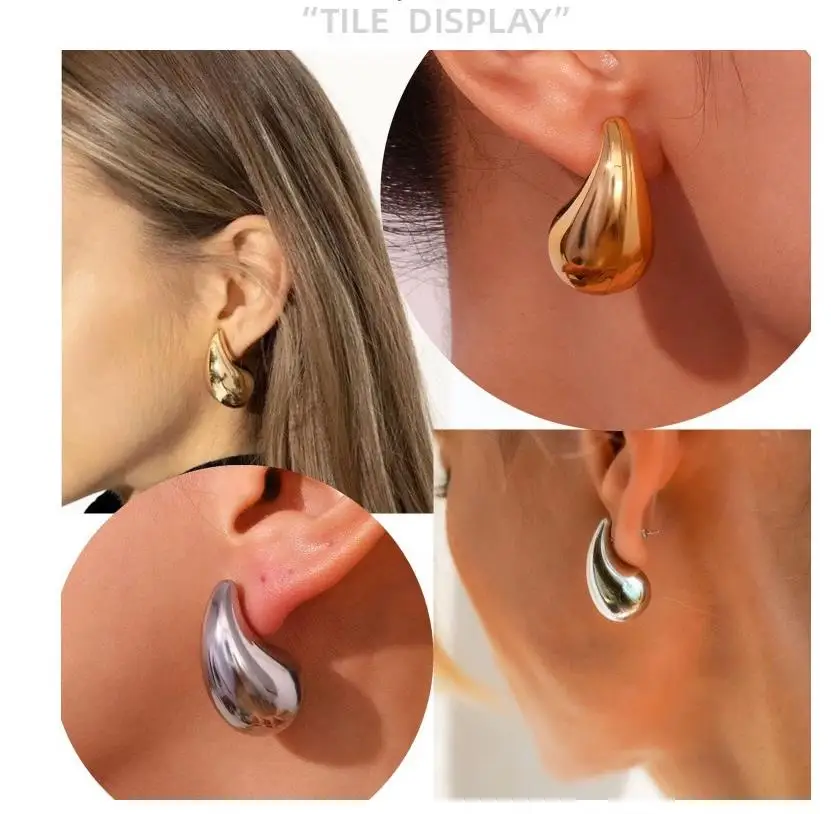 3 Sizes Modern Gold Color Plated Chunky Dome Waterdrop Earrings for Women Chic Glossy Oversized Thick Teardrop Earrings Dupes