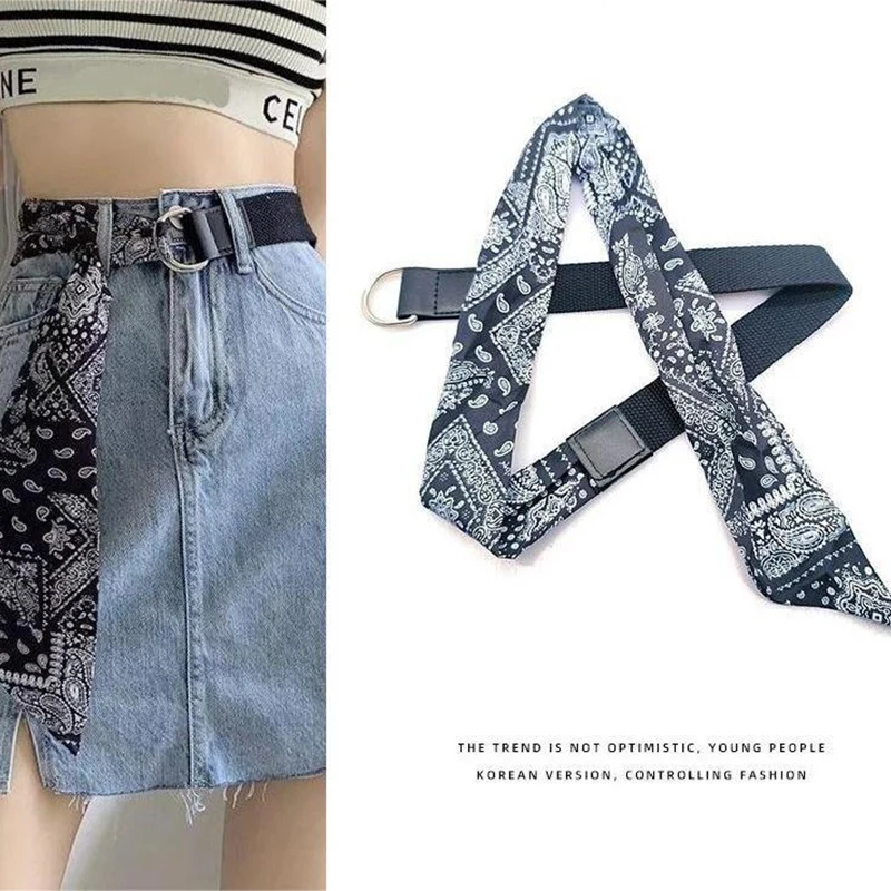 Canvas Patchwork Scarf Belt With Double Loop Buckle Personalized Women's Matching Dress Fashionable And Wersatile Denim