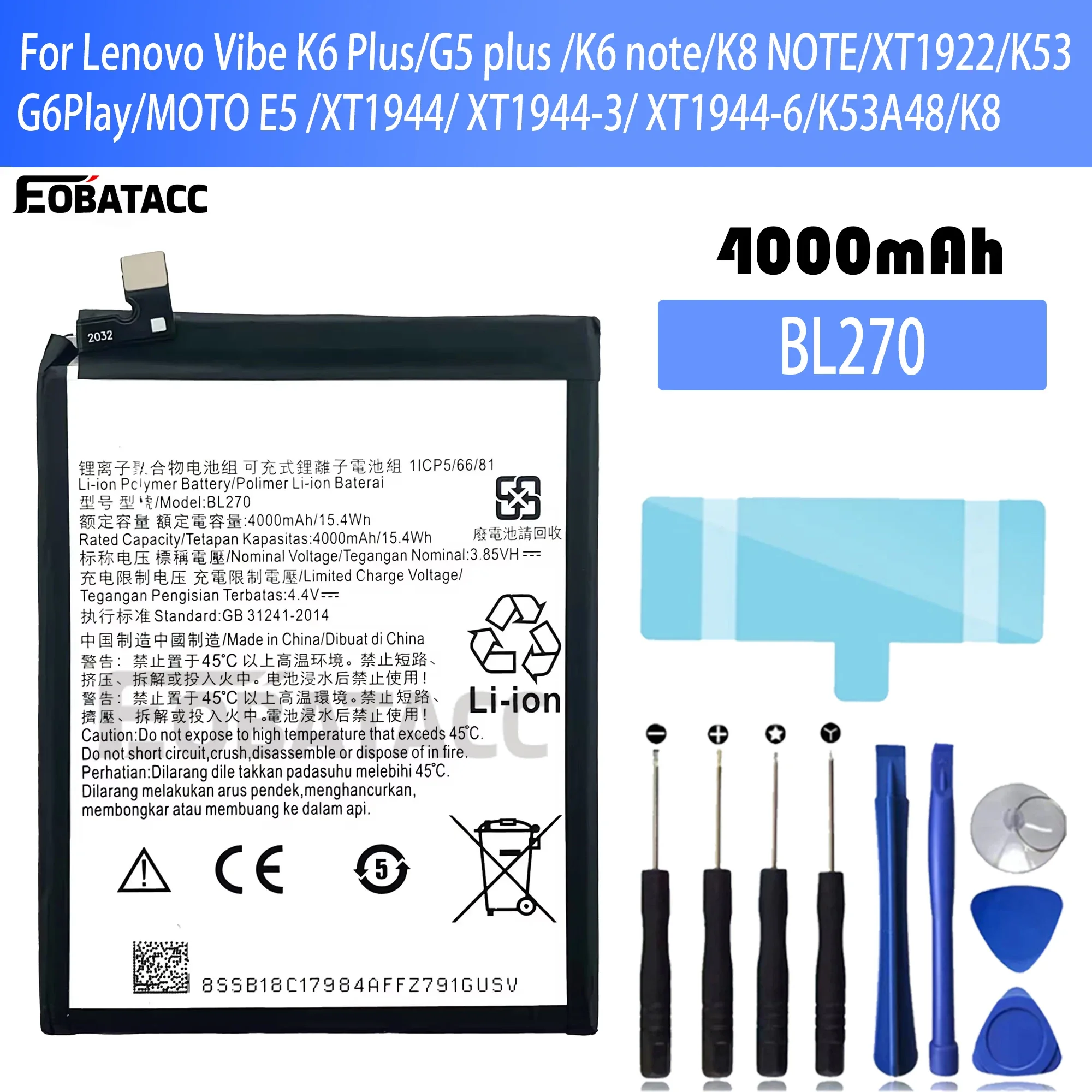 100% New Original Battery BL270 For lenovo  Vibe K6 Plus/G5 plus K6 note/K8 NOTE/(MOTO XT1922/BL270/G6PlayBattery + Free Tools