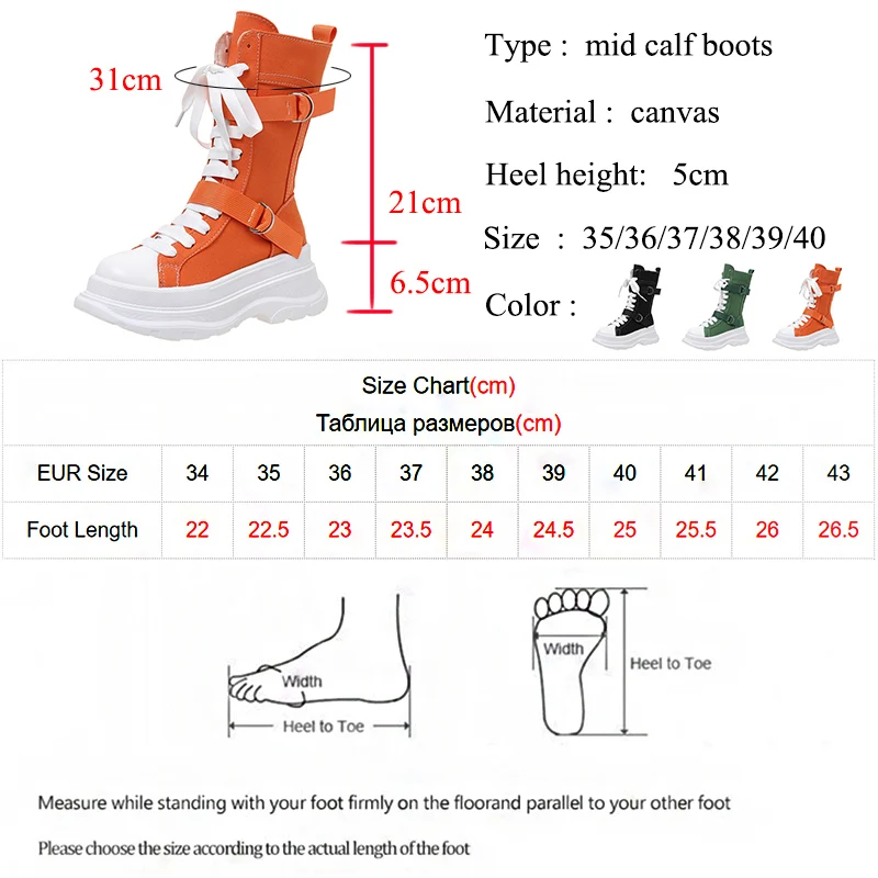 Rimocy Orange Canvas Mid Calf Boots Women 2022 Autumn Lace Up Chunky Platform Boots Woman Thick Bottom Motorcycle Boots Female