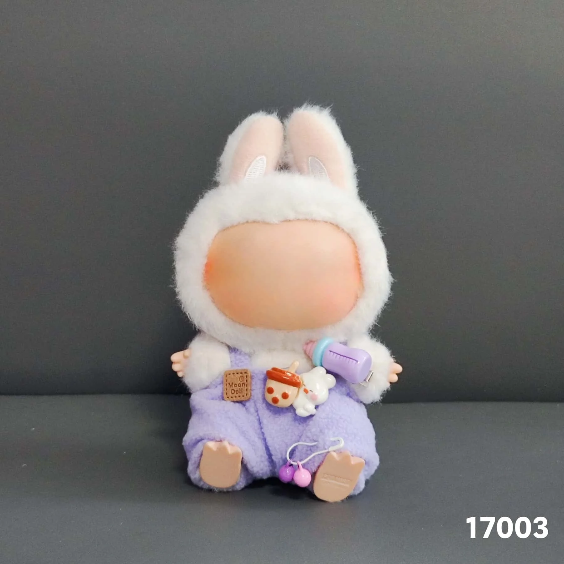 

17cm Labubu Doll Outfit Set Plush Hooded Purple Overalls With Bottle Decor Cute Doll Clothes DIY Kid Gift Fashion Accessories