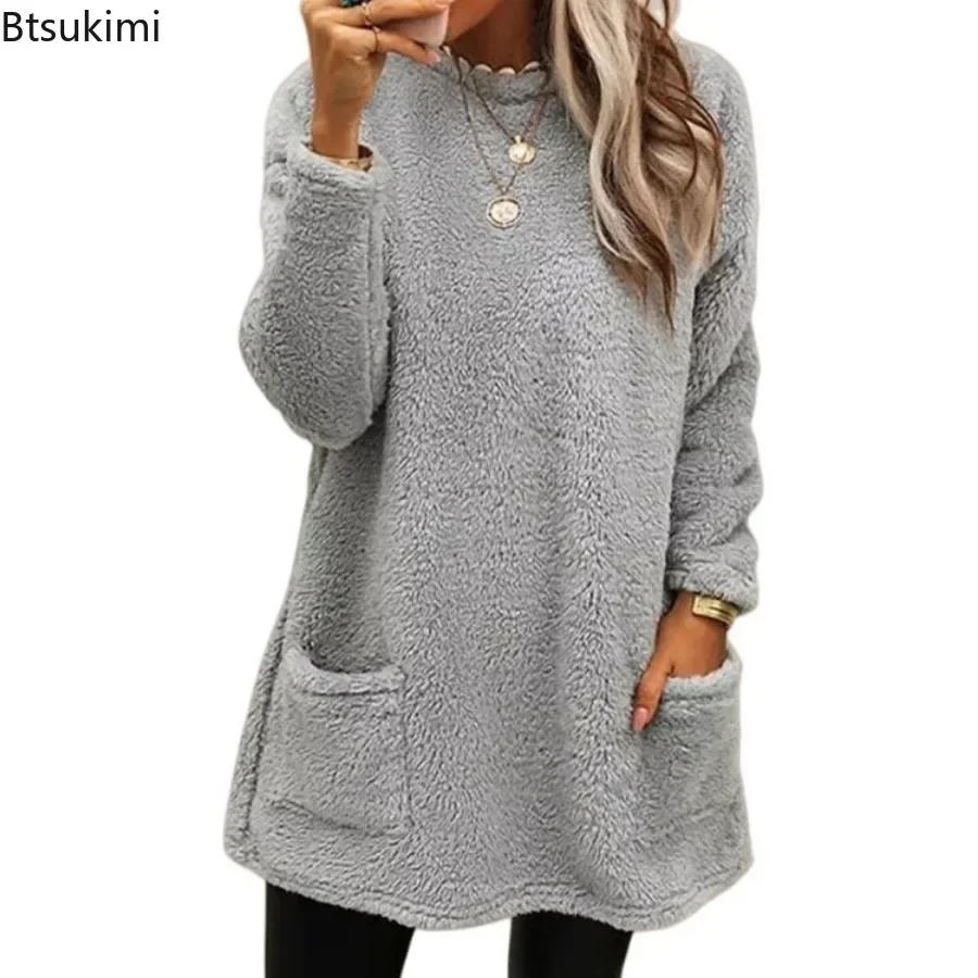 New 2026 Women\'s Half-high Collar Sweatshirts Autumn Winter Plush Warm Casual Pocket Tops Female Fleece Hoodies Thermal Sweaters