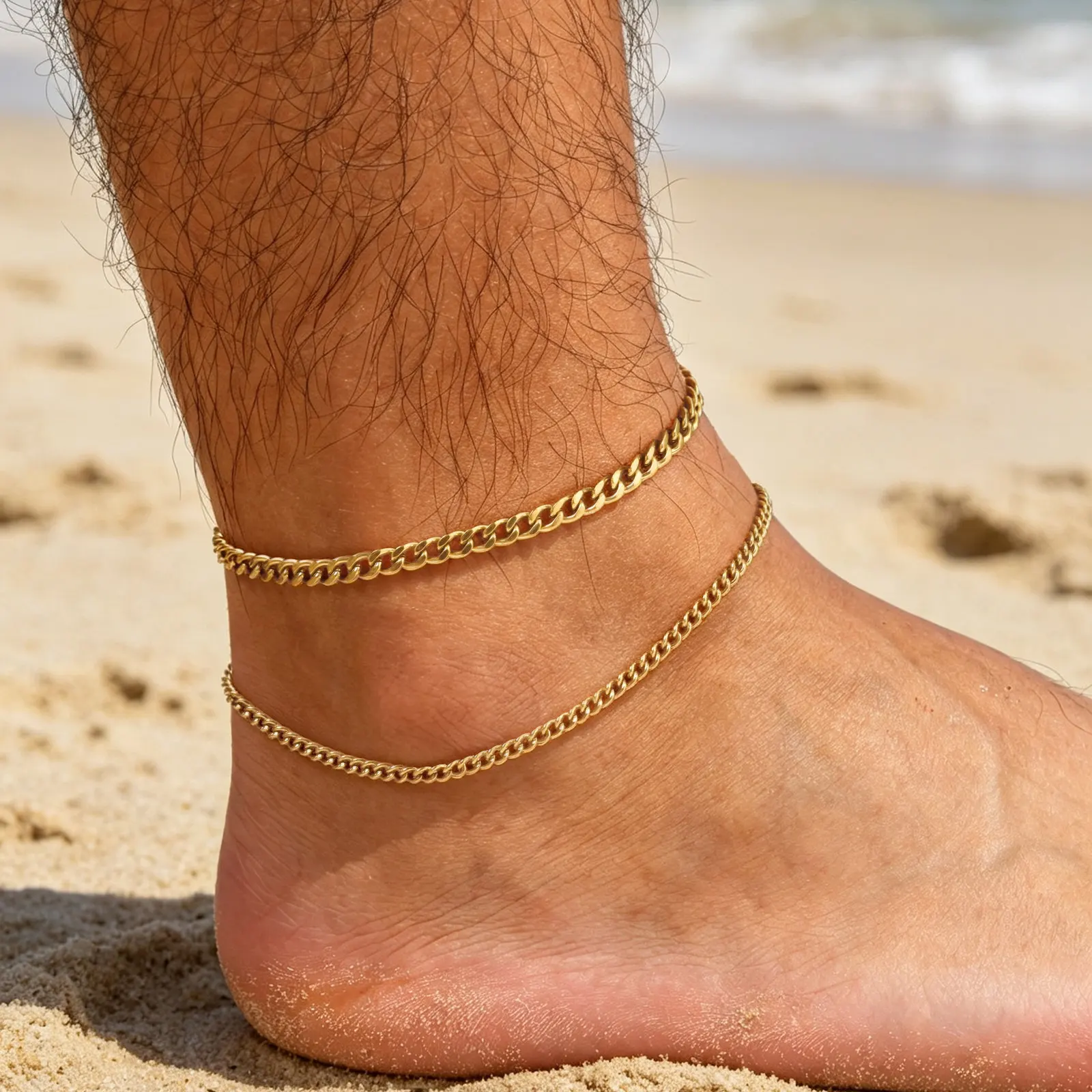 2 Stück Herren-Ketten-Fußkettchen, Hip-Hop Wasserdichtes Edelstahl Kubanisches Gliederarmband, Sommer-Strandschmuck für Jungen und Männer – Detail 10