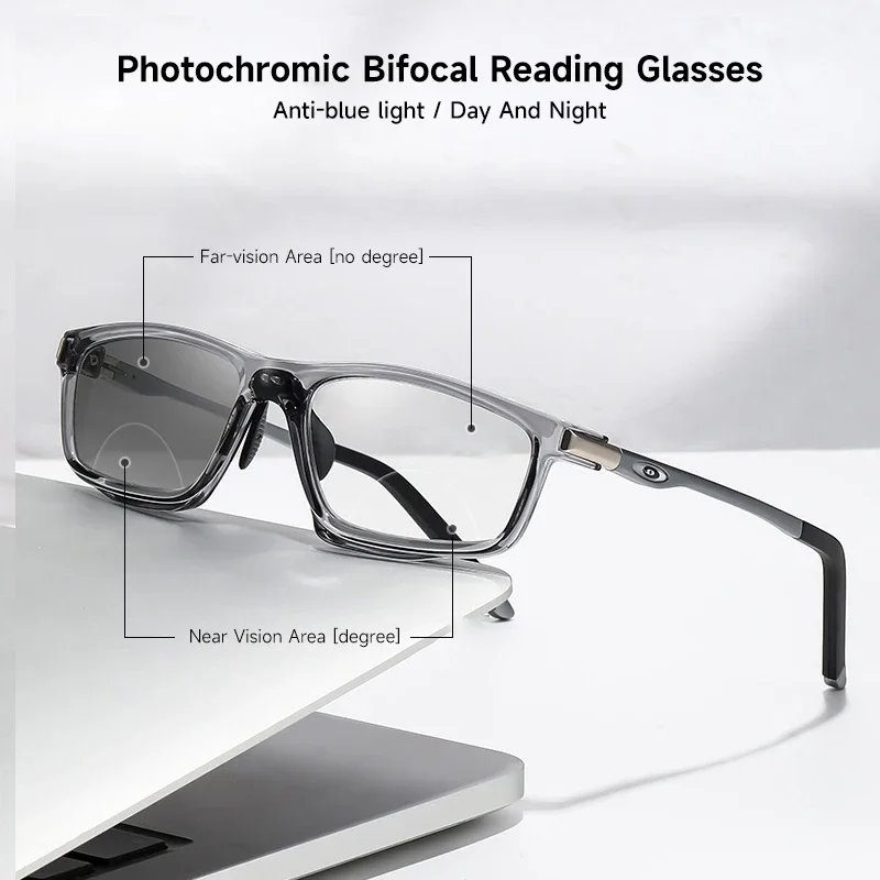 Anti-Blaulicht-Photochrome Bifokal-Lesebrille für Männer und Frauen, multifunktionale Lesebrille, Aluminium-Magnesium-Sportbrille